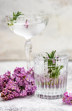 Glass of ice water and cocktail in a champagne coupe with a sprig of rosemary and lilac flowers