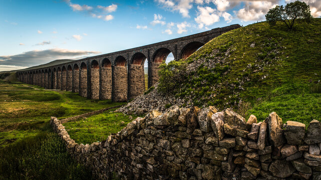 Ribblehead Viaduct across Batty Moss in the Ribble Valley, Ribblehead, Yorkshire Dales, North Yorkshire, England, UK
