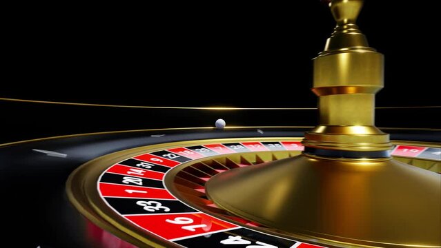 Rolling Dynamic White Ball on the Black and Gold Colored Roulette Wheel, Gambling Game Background