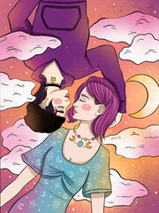 Two girls in love on a cloudy background. Hand drawn illustration