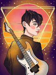 Girl in a leather jacket with a guitar. Music, synthwave, retro, 80s. Hand drawn illustration