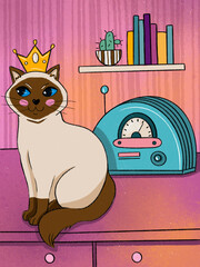 A Siamese cat in a crown sits on a chest of drawers. Hand drawn illustration