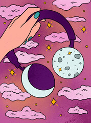 The hand holds headphones against the background of the moon, the starry sky and clouds. Music, dream, 80s. Hand drawn illustration - 503978014