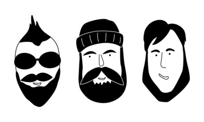 Set. Vector illustration of trendy, modern bearded men, hipsters with different haircuts and beards. Silhouettes, emblems, badges, labels. Vector illustration in doodle style.