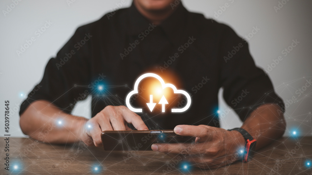 Poster businessman holding virtual cloud computing on smartphone to transfer data information and upload do