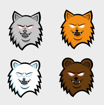 A set of animal emblems. Wolf, fox, arctic fox, bear.  Vector illustration.