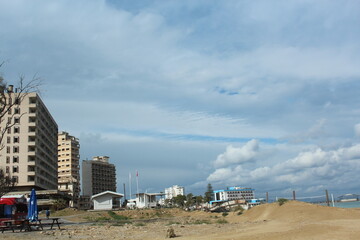Closed Maras Beach , banned symbols , sky clouds landscape , Closed Maras Famagusta Cyprus