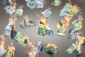 Burning Kazakh Tenge banknotes falling down