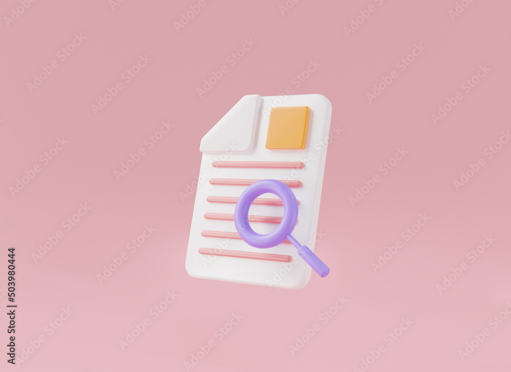 Poster document search with magnifying glass isolated on pink background concept about 3d document manageme