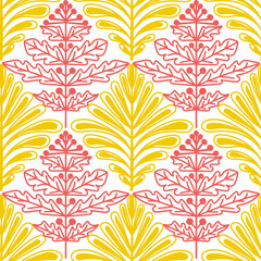 A seamless pattern of yellow and red plant elements, a hand-drawn doodle. Fantasy leaves of different plants. Geometry. Vector illustration.