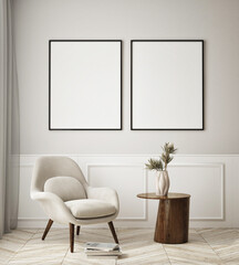 Plakat mock up poster frame in modern interior background, living room, Scandinavian style, 3D render, 3D illustration