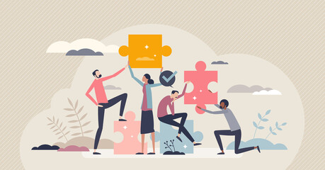 Partnership and teamwork work as collaboration process tiny person concept. Business employees group working together as unity for successful, productive and effective results vector illustration.