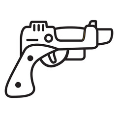 Ray gun glyph icon. Laser weapon thin line. Space blaster.Beam pistol.Outline vector illustration.Cyberpunk movie, sci fi game.Black line futuristic gun.Isolated on white background.