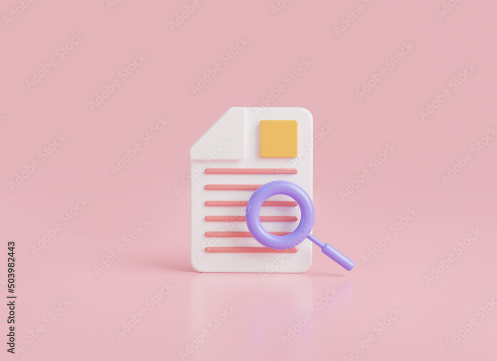Poster 3d icon rendering illustration of paper document icon with magnifying glass isolated on pink backgro