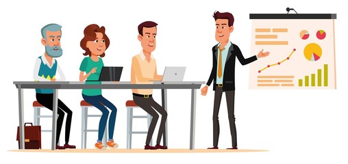 Business meeting vector illustration of an office situation cartoon people characters. Teamwork illustration. Business man giving employee people a lecture presentation at board room