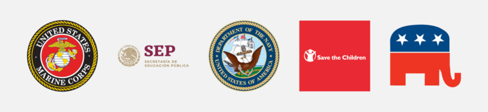 Republican Logo, SEP México 2018 2024 Logo, Save the Children Logo, Department of the Navy Logo, United States Marine Corps Logo. Government vector logo illustration. Isolated vector logo on white bac