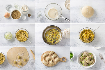 Cooking vegan dumplings with lentils. Collage, cooking recipe, step by step on a light gray table
