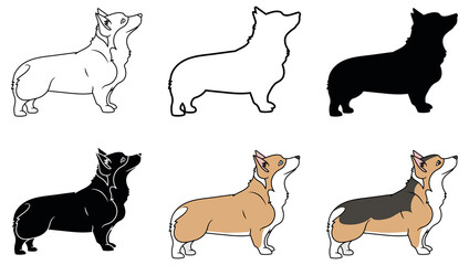 Corgi Dog Clipart Set - Outline, Silhouette and Color