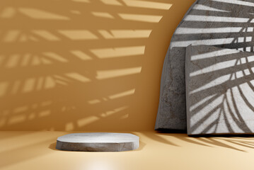 product showcase podium, 3d rendering with copy space. stone pedestal on brown background