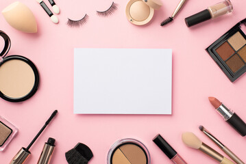 Top view photo of paper sheet eyeshadow palette lipstick compact powder blush false eyelashes...