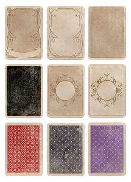 Ornamental frames, cards background and back playing cards on old style grunge aged paper, isolated on white background