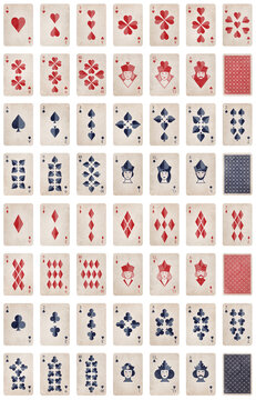 Complete deck of poker cards. Illustrations of playing cards stylized and aged on white background.