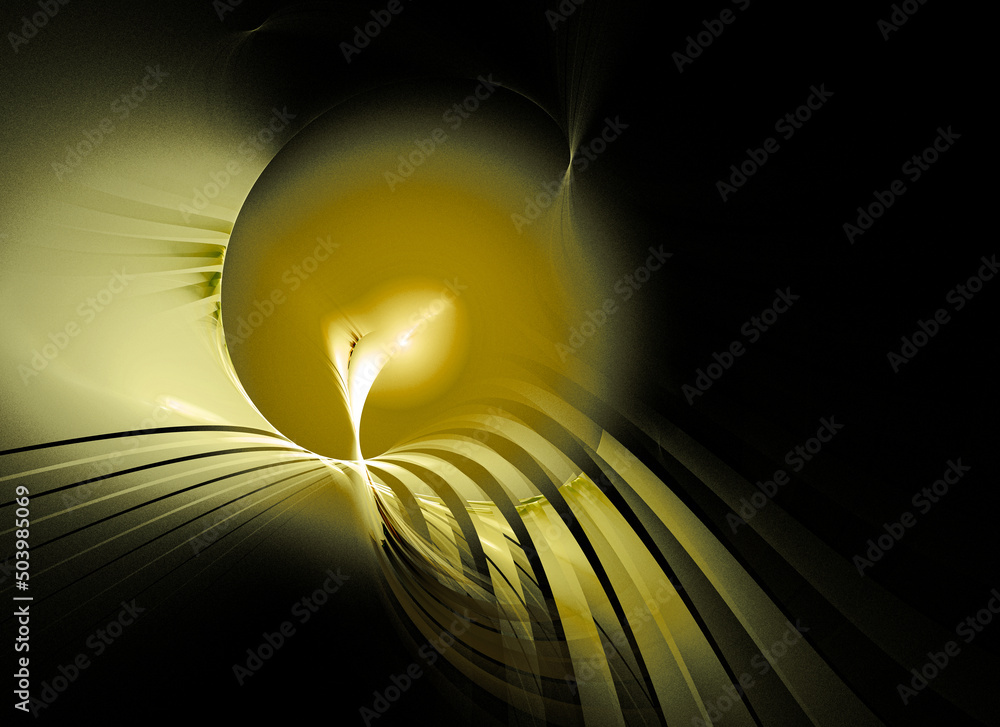 Poster on a black background, arched rays diverge from the golden ball. abstract fractal illuminated backgr
