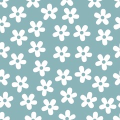 Vector seamless pattern with white flowers on blue background