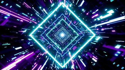 Fototapeta premium Neon Light Diamond Shaped Frame in the Sci Fi Pattern Tunnel, 3D Rendering