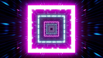 Move Through Neon Square Light Passage 3D Rendering