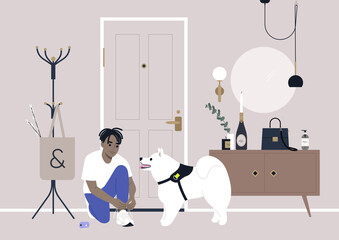 A decorated apartment entryway, a coat rack, and a mirror on the wall, a male African character getting ready for a walk with their samoyed puppy