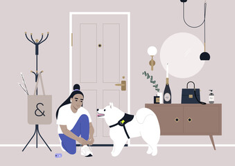 A decorated apartment entryway, a coat rack, and a mirror on the wall, a female Asian character getting ready for a walk with their samoyed puppy