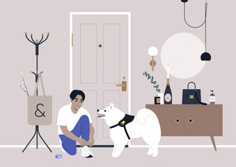 A decorated apartment entryway, a coat rack, and a mirror on the wall, a male Asian character getting ready for a walk with their samoyed puppy