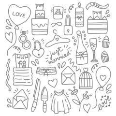 Wedding objects doodle black and white vector