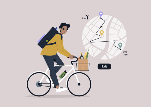 A young male Caucasian character riding a bike with a navigator, geo location technology, a route with stops