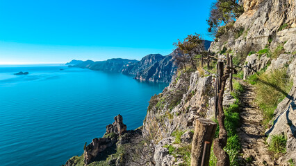 Panoramic view from hiking trail Path of Gods between coastal towns Positano and Praiano. Trekking...