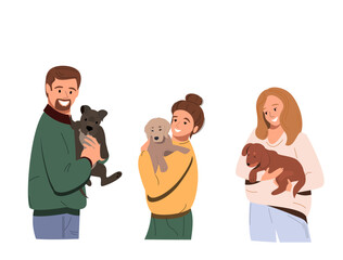 People hold cute dog puppies in their arms, a family with animals. happy people with animals. Flat vector graphics isolated on a white background