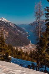 Beautiful winter view at the famous Zwoelferkopf summit, Achensee lake, Pertisau, Tyrol, Austria