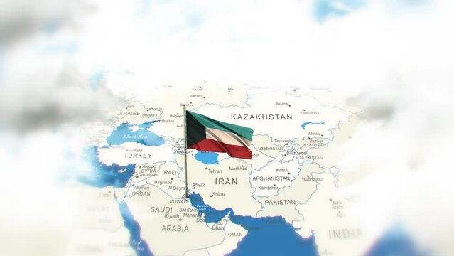 Kuwait Map And Flag With Clouds