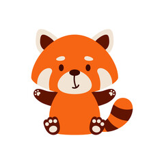 Cute little sitting red panda. Cartoon animal character design for kids t-shirts, nursery decoration, baby shower, greeting cards, invitations, bookmark, house interior. Vector stock illustration