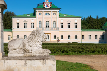 Village of Stepanovskoe-Volosovo. Russia, Tver region.  Stone lion, guarding the entrance to the...