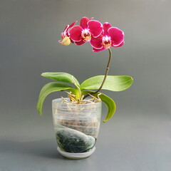 Blooming burgundy colored orchid flower in a glass vase. Phalaenopsis (Floriclone Fancy Fire)  on a gray background, close-up. Tropical house flowers.