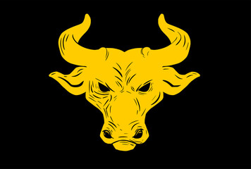Vectorized yellow bull head. black background.