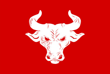 Vectorized white bull head. red background.