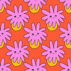 1970 good vibes and 1970 daisy flower.vector psychedelic art - seamless pattern with hippie flowers.Funky and groovy floral ornament.Vibrant square textile with flowers dudes characters.	