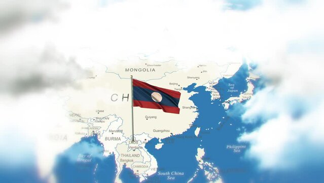 laos Map And Flag With Clouds