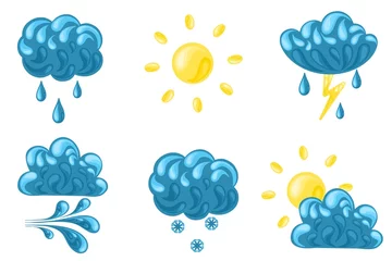 Foto op Canvas Set of cartoon weather icons. Vector illustration. Symbols of clouds, sun, snow, rain, thunderstorm, wind © Tatiana_Gracheva