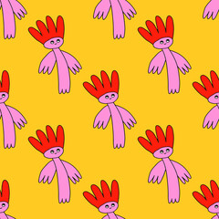 1970 good vibes and 1970 daisy flower.vector psychedelic art - seamless pattern with hippie flowers.Funky and groovy floral ornament.Vibrant square textile with flowers dudes characters.	