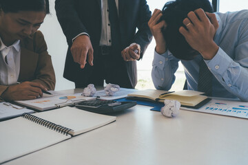 Business Manager blaming employee who getting stressed ,bad work, emotional pressure, mistake in office. Blaming Business Concept