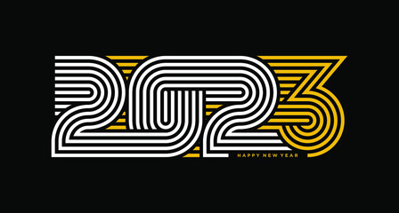2023 outline modern design with text Happy New Year, greeting card cover template, new year party logo for business, isolated vector illustration. Design For T-Shirt. Typography Design